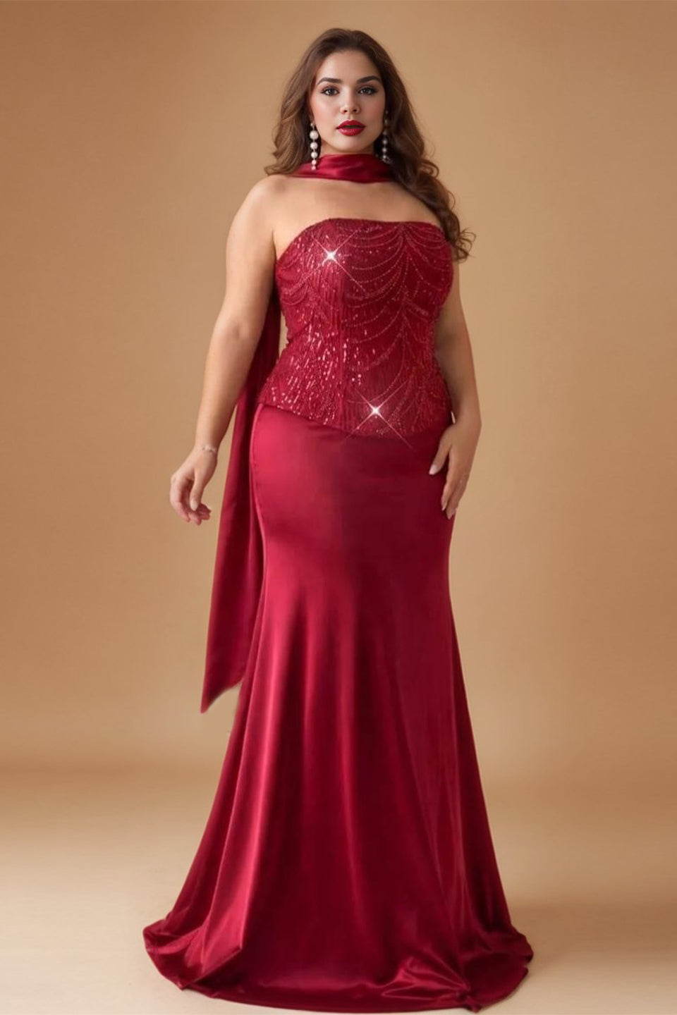 Curveins Plus Size Sequin Strapless Bodycon Maxi Dress with Scarf Detail
