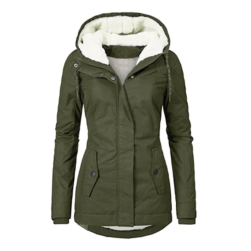 Winter Thickened Cotton Parka with Fleece Lining Hooded Warm Coat Mid-Length Women's Fitted Long Sleeve Outerwear Black Imitation Fur Tops for Casual Basic Minimalist Womenswear Elegance Style - Jackets