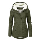 Winter Thickened Cotton Parka with Fleece Lining Hooded Warm Coat Mid-Length Women's Fitted Long Sleeve Outerwear Black Imitation Fur Tops for Casual Basic Minimalist Womenswear Elegance Style - Jackets