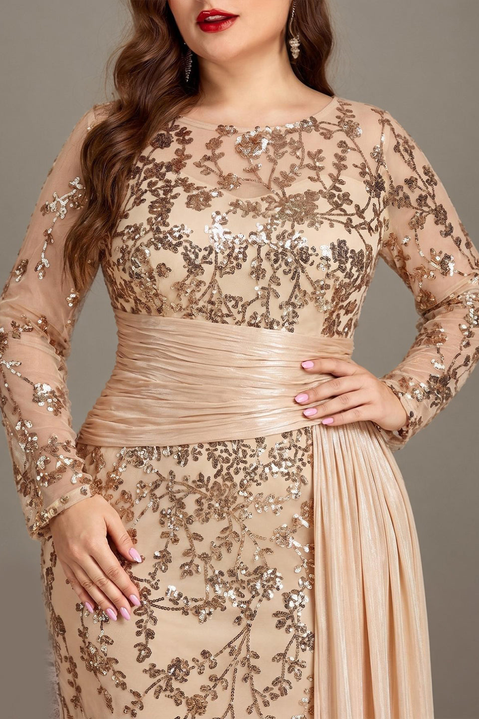 Curveins Plus Size Round Neck Embroidered Tie-Sash Bodycon Maxi Dress