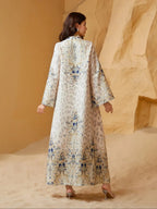 Women's Traditional Ethnic Pattern Faux Pearl Decor Long Dress, Boho Long Sleeve Round Neck Dress for Vacation Holiday Wedding Guest, Ladies Muslim Clothing for All Seasons