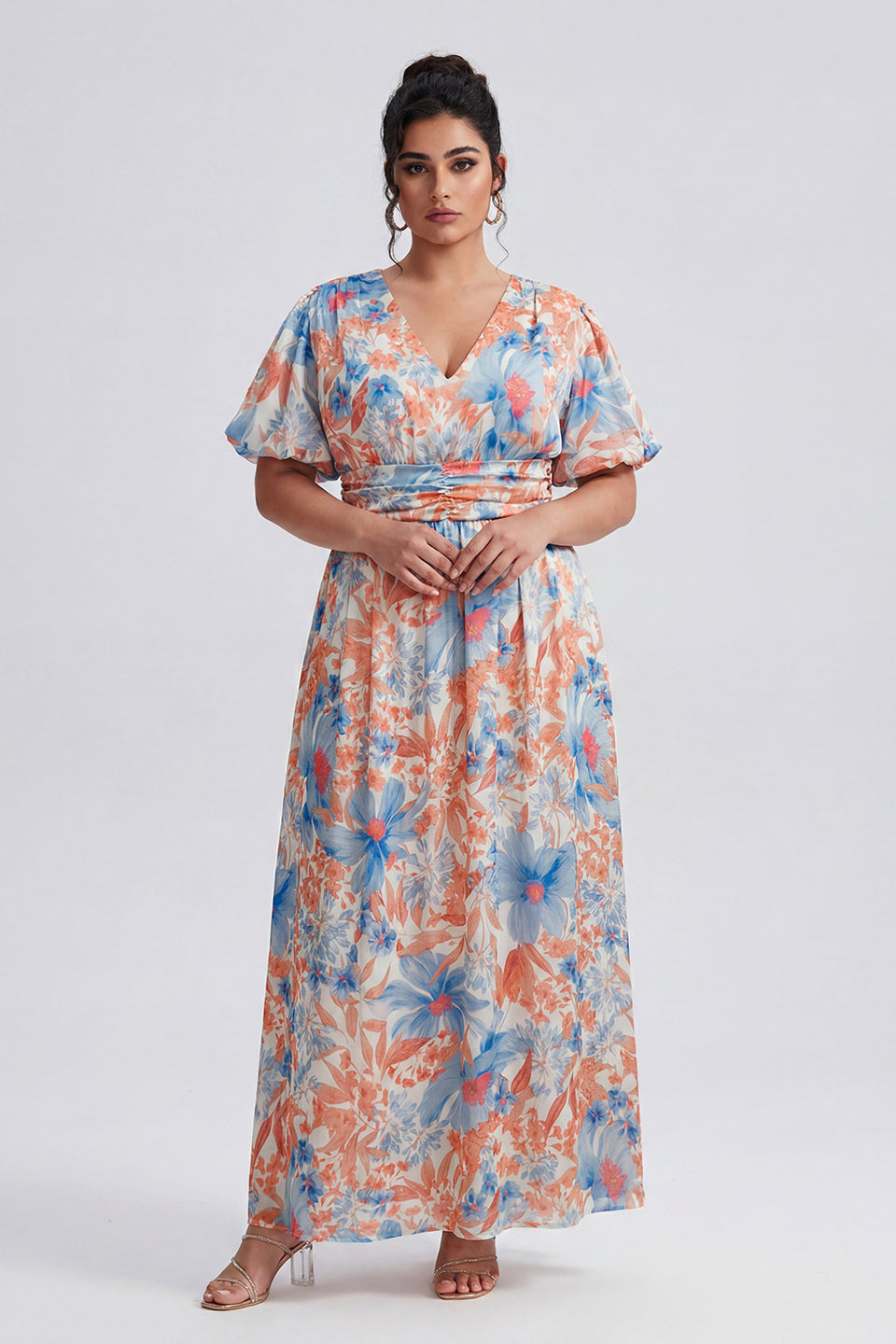 Curveins Plus Size V Neck Puff Sleeve Floral Pattern Elegant Flowing Maxi Dress