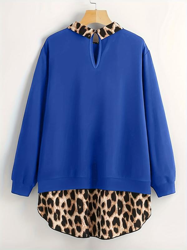 [Plus Size] Leopard Print Curved Hem Pullover Sweatshirt, Casual Long Sleeve Sweatshirt for Fall & Winter, Women's Clothing for Daily Wear