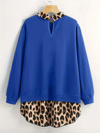 [Plus Size] Leopard Print Curved Hem Pullover Sweatshirt, Casual Long Sleeve Sweatshirt for Fall & Winter, Women's Clothing for Daily Wear