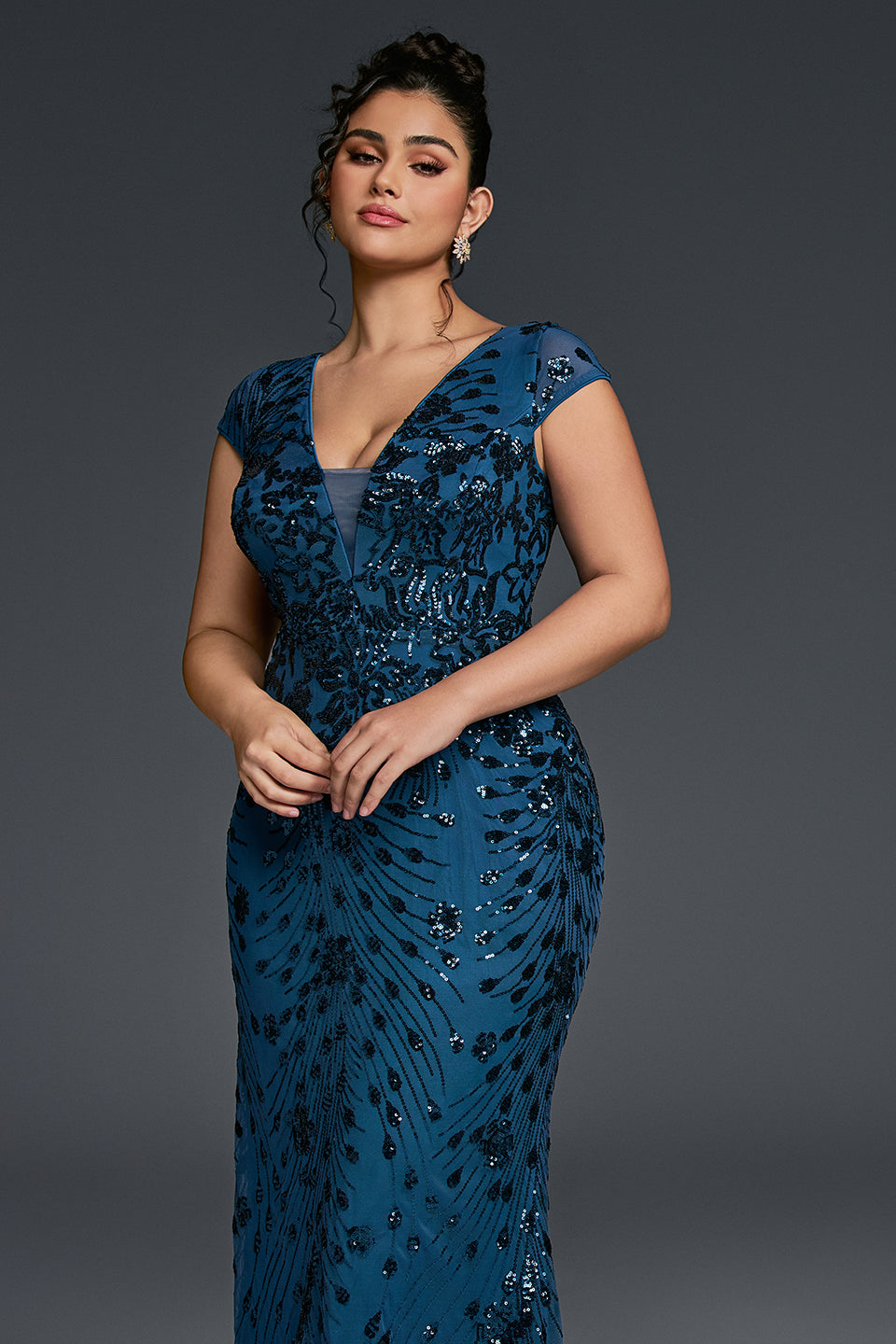Curveins Plus Size V-neck and Waist Cinch Sequin Maxi Dress