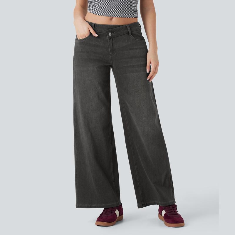 Asymmetric Low Rise Zipper Pockets Baggy Wide Leg Washed Casual Jeans