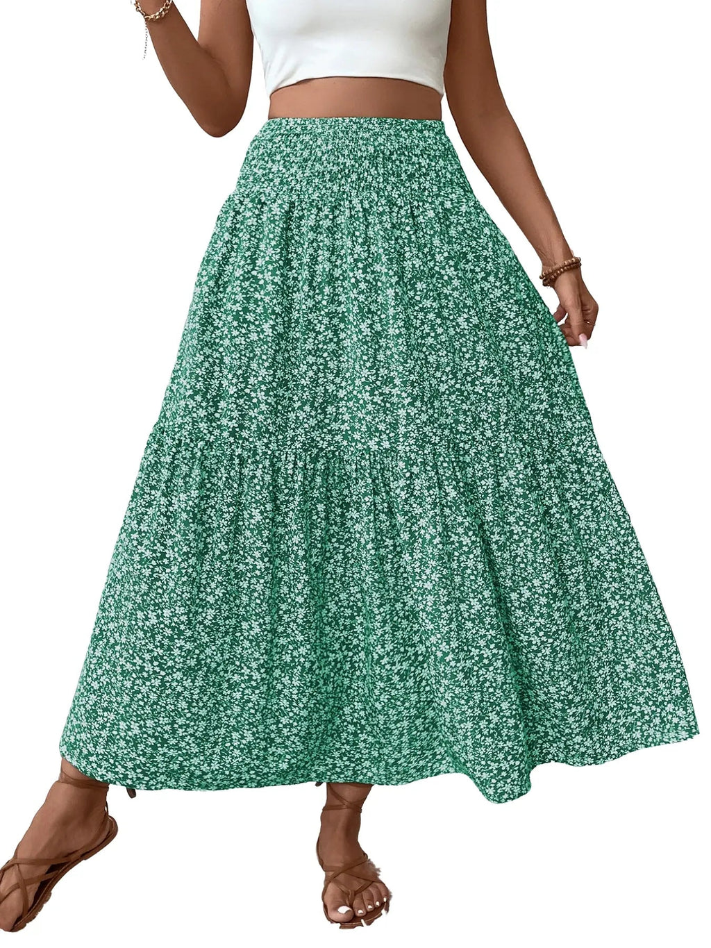 Women's Floral Casual A-Line Skirt, Elastic Waist Pockets, Leaf Hem, Long Fitted Skirt, Fashionable Mid-Length Dress
