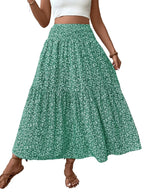 Women's Floral Casual A-Line Skirt, Elastic Waist Pockets, Leaf Hem, Long Fitted Skirt, Fashionable Mid-Length Dress