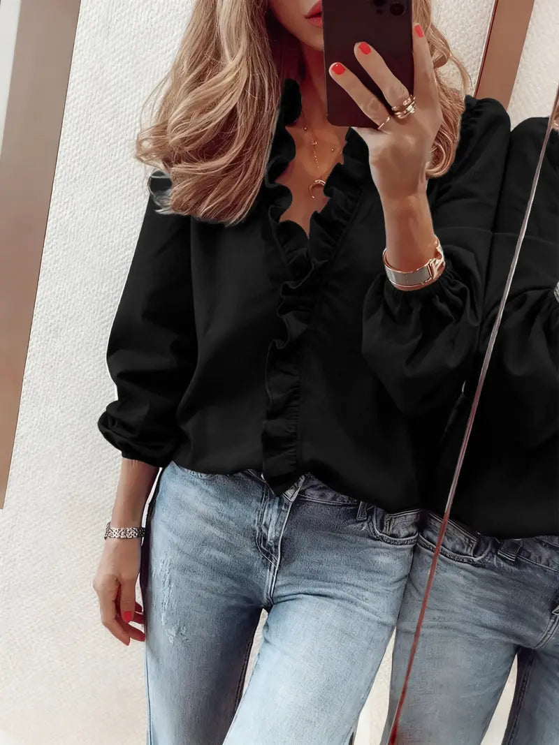 Women's Elegant V Neck Blouse with Ruffles, Loose-Fit Woven Shirt for All Seasons, Plain Pattern Casual Top for Office Wear