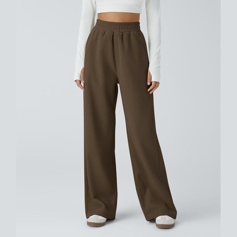High Waisted Side Pocket Straight Leg Mop Corduroy Casual Pants
