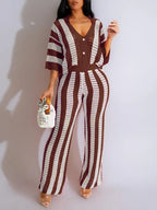 Women's Color-Block Striped Cutout Button-Front Top & Wide-Leg Pants Two-Piece Set