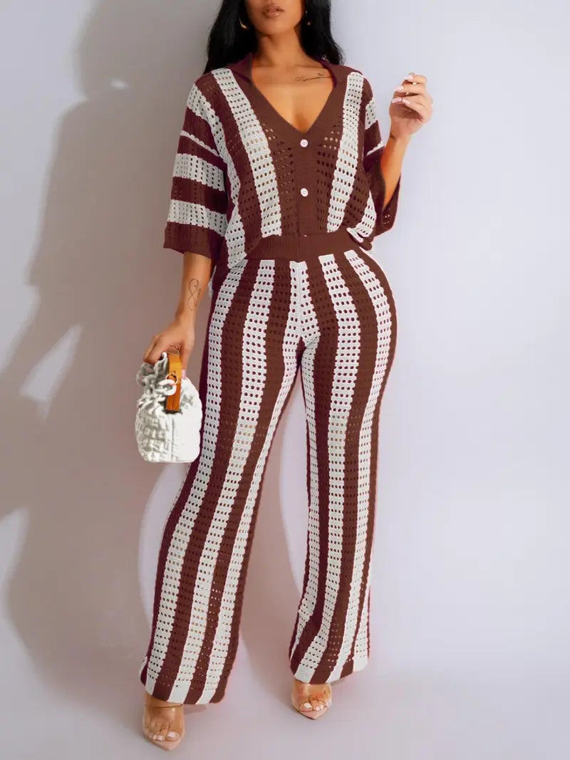 Women's Color-Block Striped Cutout Button-Front Top & Wide-Leg Pants Two-Piece Set