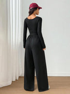 Women's Fall Winter Knit Wide Leg Jumpsuit, Casual Fashion Plain Color Round Neck One-Piece, Versatile Long Sleeve Romper