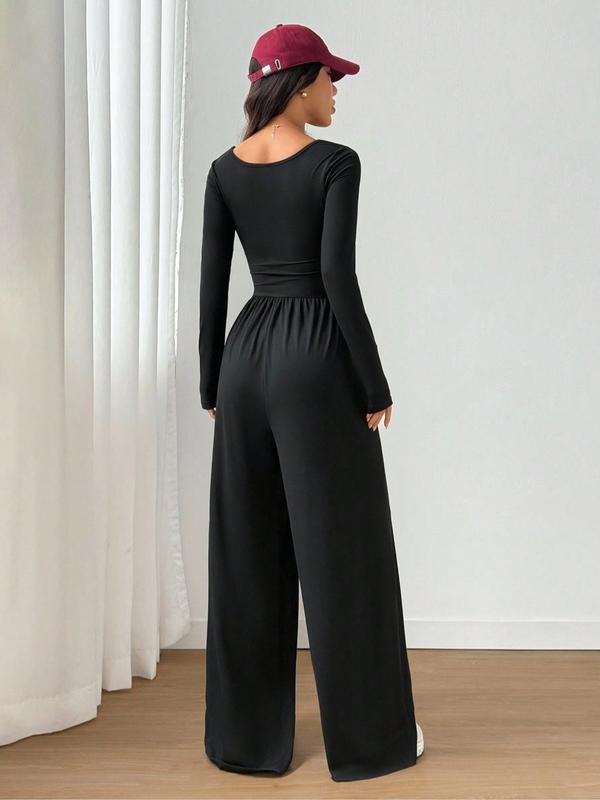 Women's Fall Winter Knit Wide Leg Jumpsuit, Casual Fashion Plain Color Round Neck One-Piece, Versatile Long Sleeve Romper
