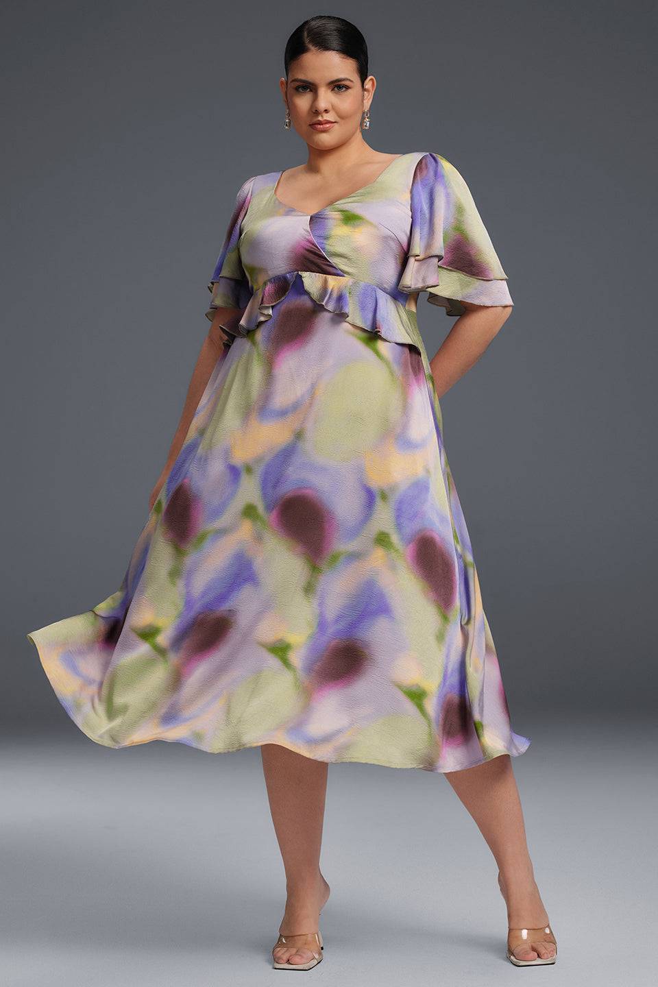 Curveins Plus Size V-Neck Double-Layered Ruffle Sleeve Maxi Dress