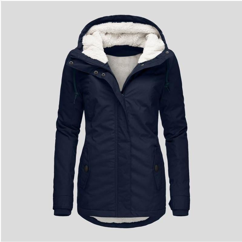 Winter Thickened Cotton Parka with Fleece Lining Hooded Warm Coat Mid-Length Women's Fitted Long Sleeve Outerwear Black Imitation Fur Tops for Casual Basic Minimalist Womenswear Elegance Style - Jackets