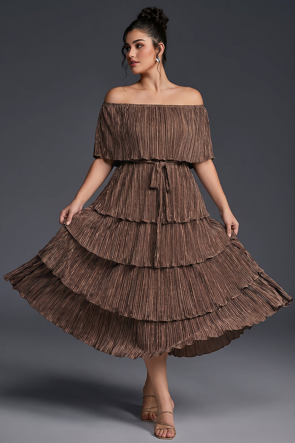 Curveins Plus Size Off-Shoulder Pleated Tiered Maxi Dress
