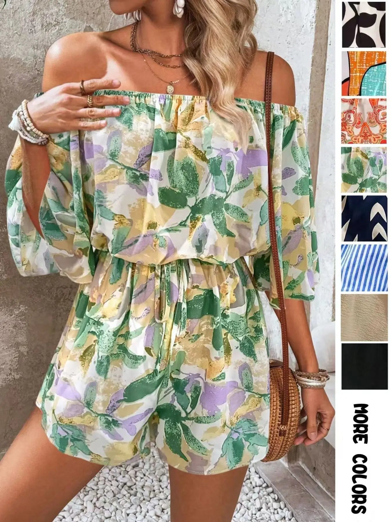 Women's Leaf Print Off Shoulder Tie Front Romper, Casual Flounce Sleeve Romper for Summer, Fashion Women's Clothing for Beach Holiday Vacation