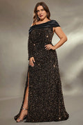 Curveins Plus Size Asymmetric Sleeve Sequin Evening Dress with High Side Slit