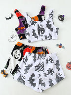 4 Counts/2 Set Women's Halloween Print Glow in The Dark Crop Tank Top & Elastic Waist Shorts Fluffy Pajamas, Casual Comfortable Loungewear for Women, Comfy Loungewear for Women, Women's Sleepwear for Fall, Fluffy Pajamas
