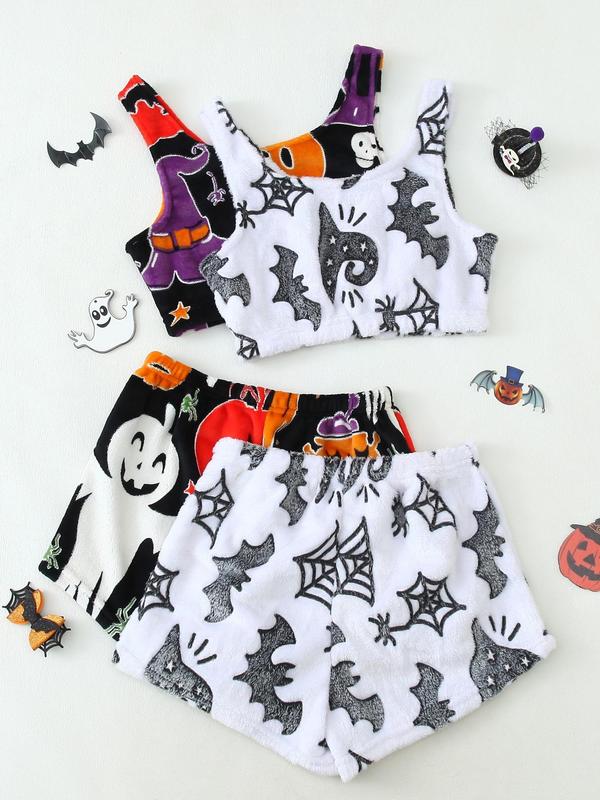 4 Counts/2 Set Women's Halloween Print Glow in The Dark Crop Tank Top & Elastic Waist Shorts Fluffy Pajamas, Casual Comfortable Loungewear for Women, Comfy Loungewear for Women, Women's Sleepwear for Fall, Fluffy Pajamas