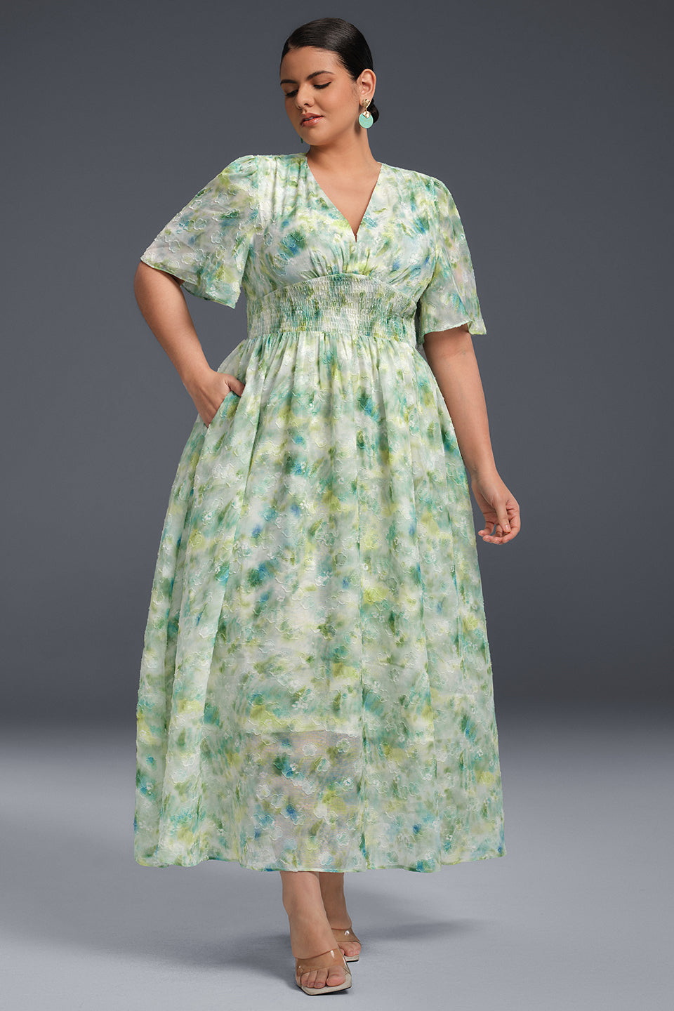 Curveins Plus Size V-Neck Floral Print Maxi Dress