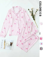 Two-Piece Set Women's All Over Bow Print Button Front Shirt & Pants Pyjama, Casual Comfy Long Sleeve Lapel Neck Top & Trousers PJ Set, Women's Sleepwear for Spring & Fall