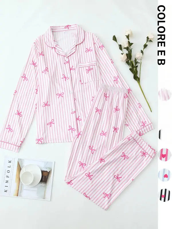 Two-Piece Set Women's All Over Bow Print Button Front Shirt & Pants Pyjama, Casual Comfy Long Sleeve Lapel Neck Top & Trousers PJ Set, Women's Sleepwear for Spring & Fall