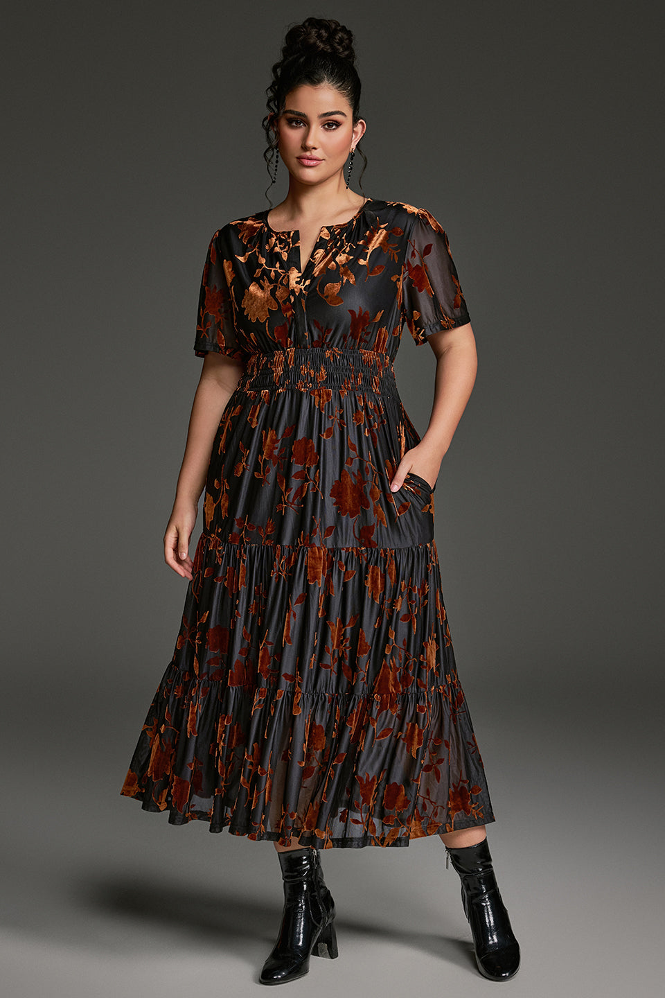 Curveins Plus Size Velvet V-Neck Ruched  Dress