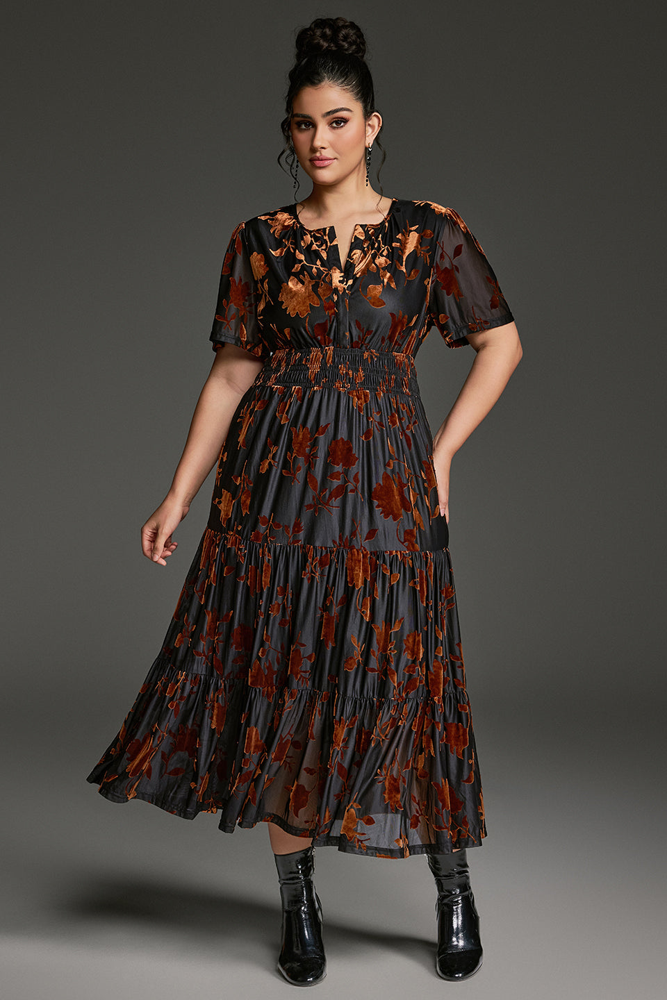 Curveins Plus Size Velvet V-Neck Ruched  Dress