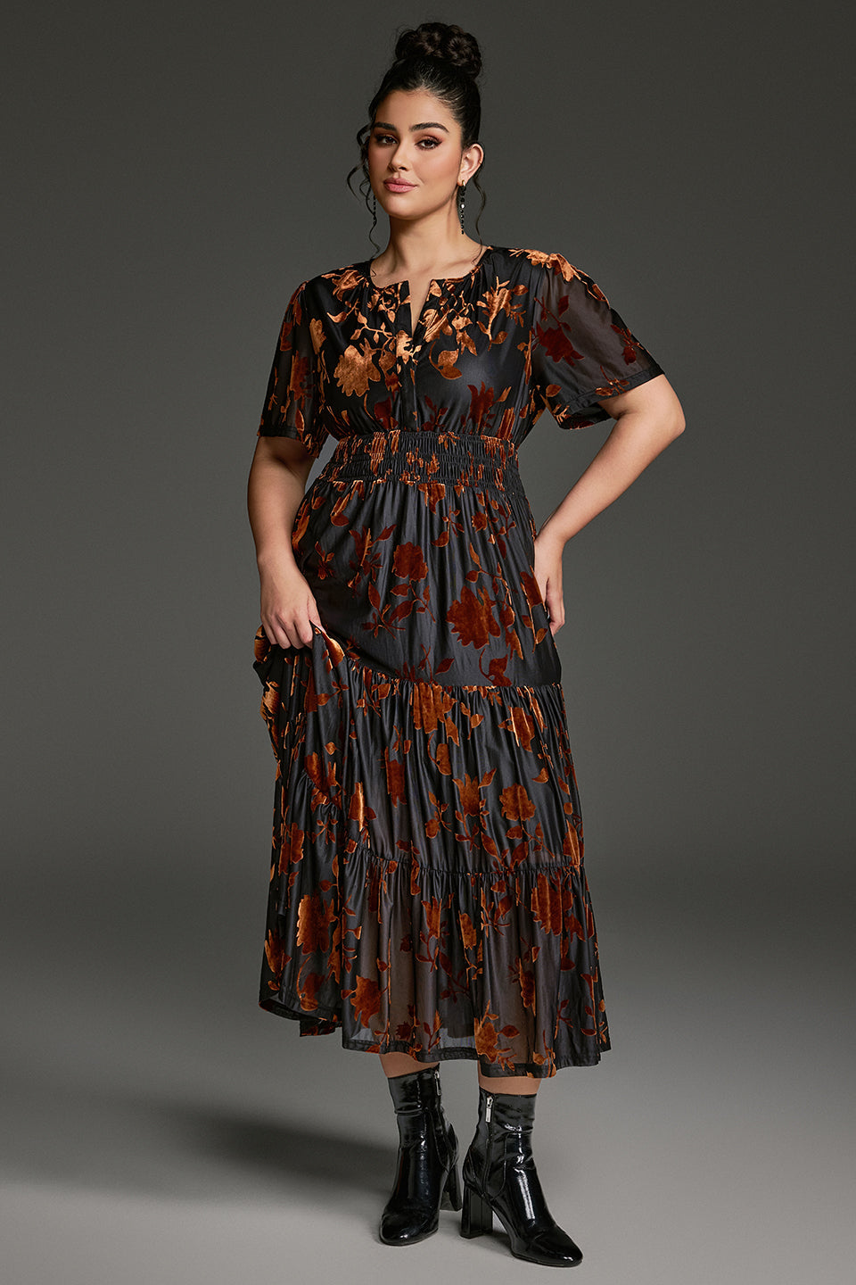Curveins Plus Size Velvet V-Neck Ruched  Dress