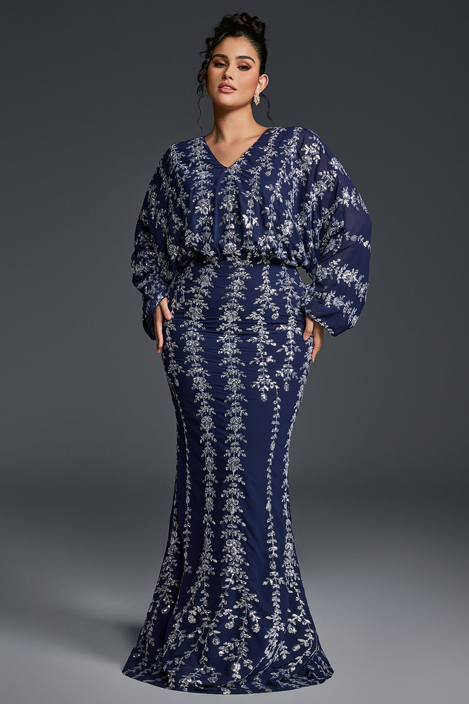 Curveins Plus Size V-Neck Vertical Sequin Bodycon Maxi Dress Elegant Evening Wear