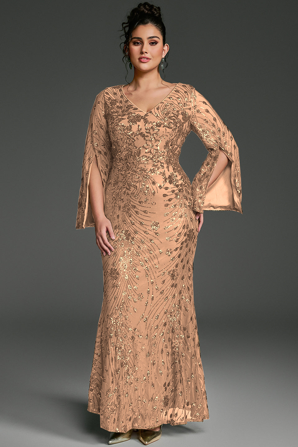 Curveins Plus Size V-Neck Long Sleeves Sequin Floral Bodycon Maxi Dress