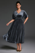 Curveins Plus Size V-Neck Batwing Sleeve Pleated A-Line Velvet Midi Dress