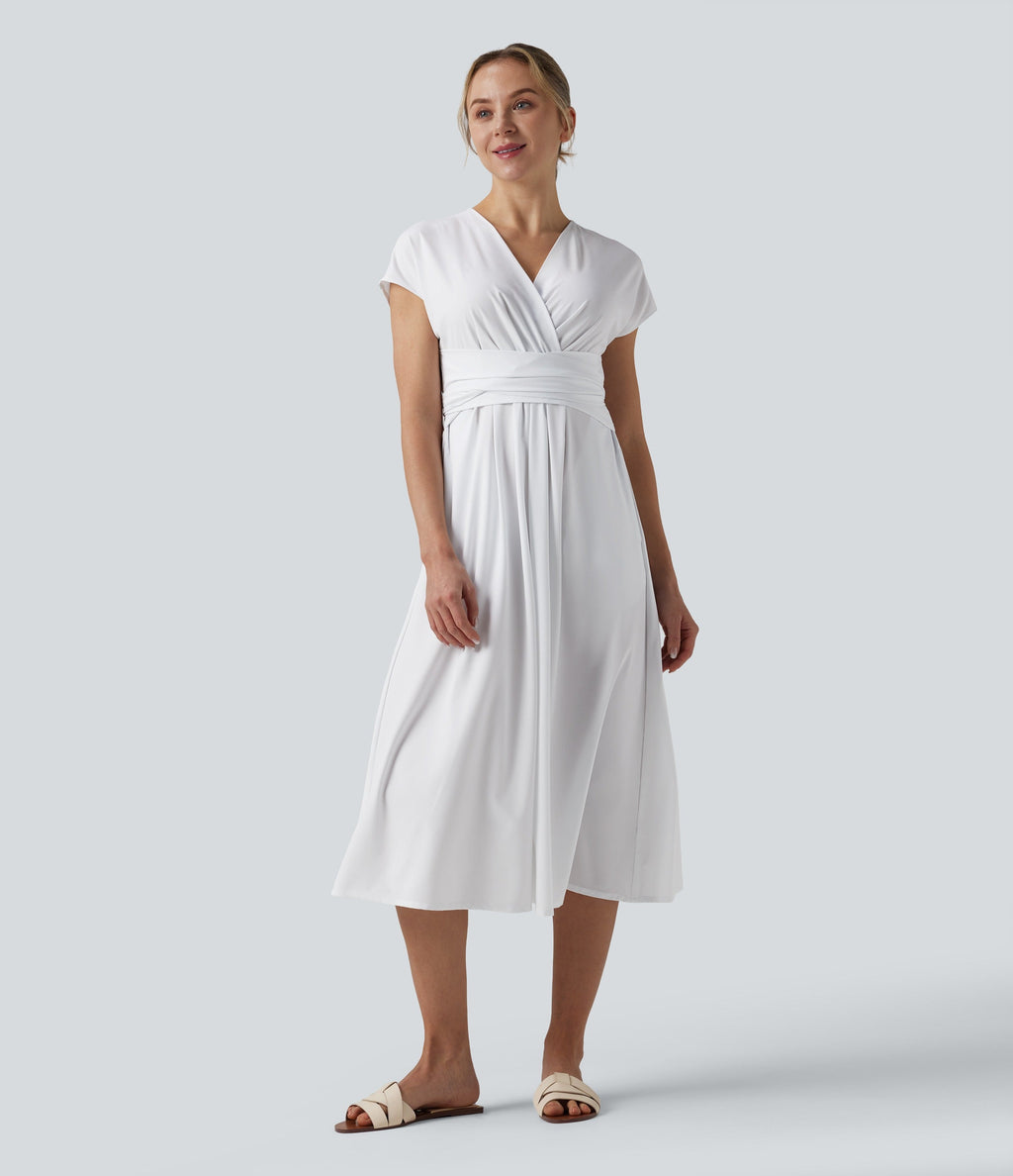 Casual midi dress, V-neck, short sleeves, side pockets, tie-back detail, quick-drying
