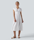 Casual midi dress, V-neck, short sleeves, side pockets, tie-back detail, quick-drying