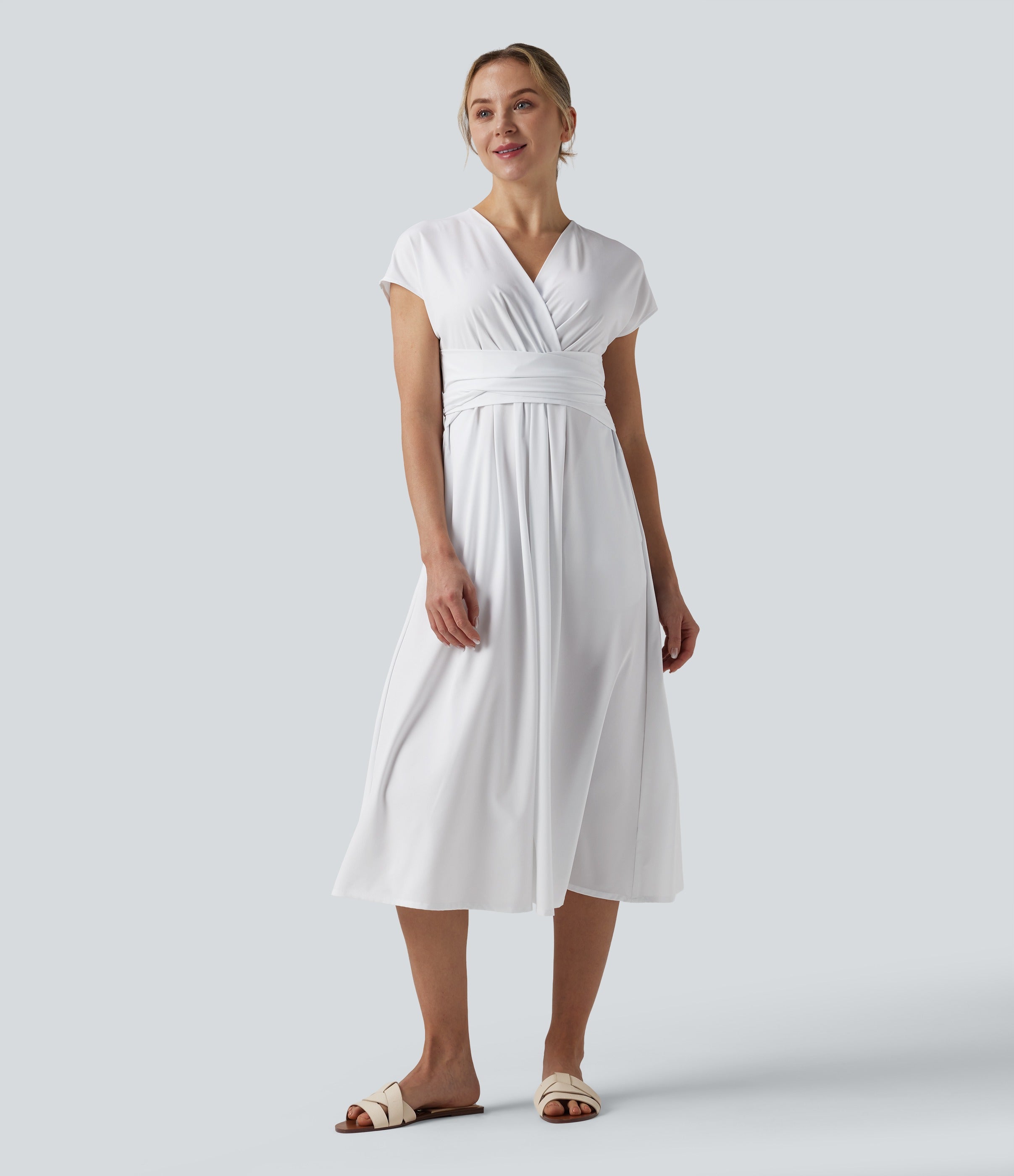 Casual midi dress, V-neck, short sleeves, side pockets, tie-back detail, quick-drying