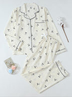 Women's Striped Bow Print Long Sleeve Pajama Set, Sweet Cute Button Front Top and Pants, Casual Home Wear for All Seasons
