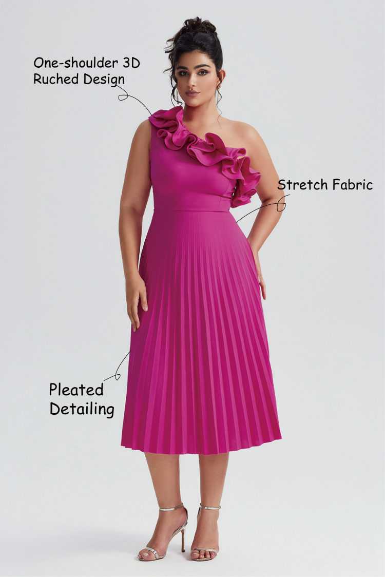Curveins Plus Size Slimming Asymmetric One-Shoulder Ruffle Trim Pleated Dress