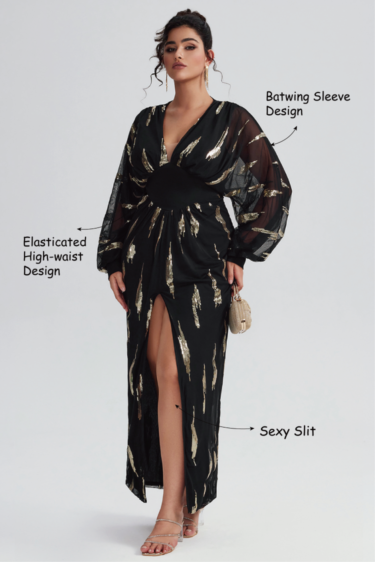Curveins Plus Size V Neck Sequins Lantern Sleeve Slit Mesh Dress