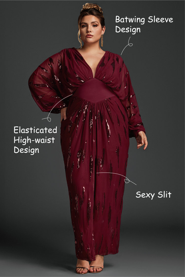 Curveins Plus Size V Neck Sequins Lantern Sleeve Slit Mesh Dress