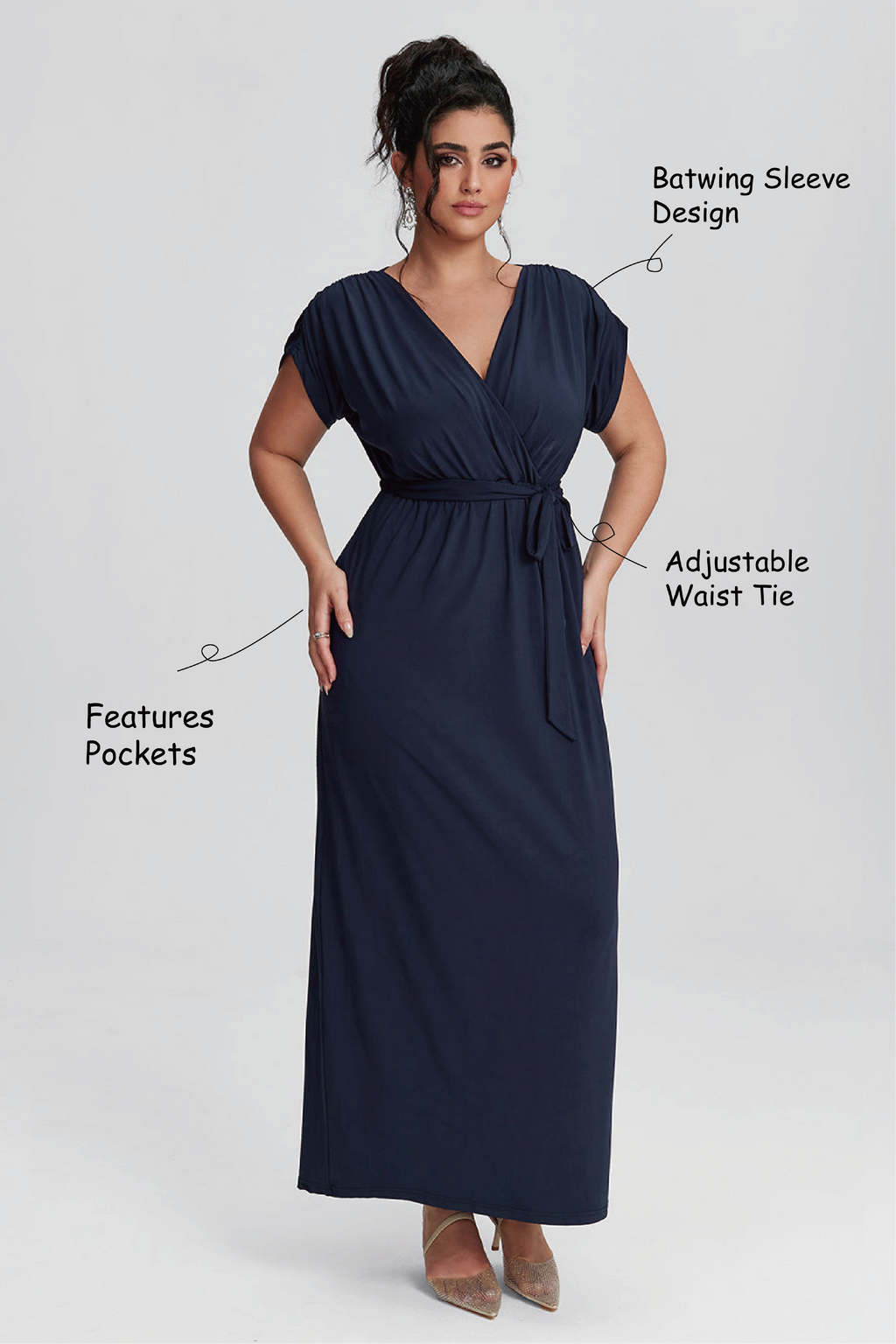 Curveins Plus Size Elastic Waist Shirred V-Neck Wrap Maxi Dress