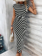 Women's Solid Color / Striped / All Over Print Knot Batwing Sleeve Dress, Casual Short Sleeve Round Neck Long Dress, Ladies Clothes for Beach Holiday