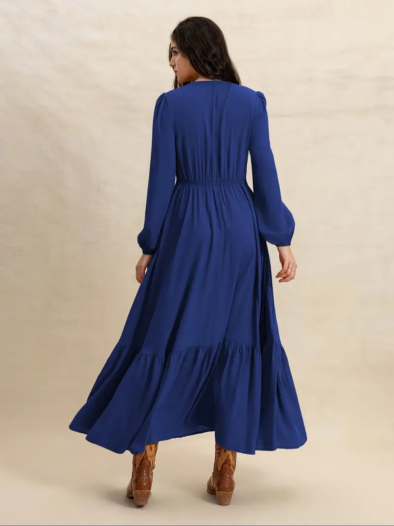 Women's Plain V Neck Long Sleeve Dress, Casual Fitted Woven Dress for All Seasons, Daily Wear Fashionable Women's Clothing
