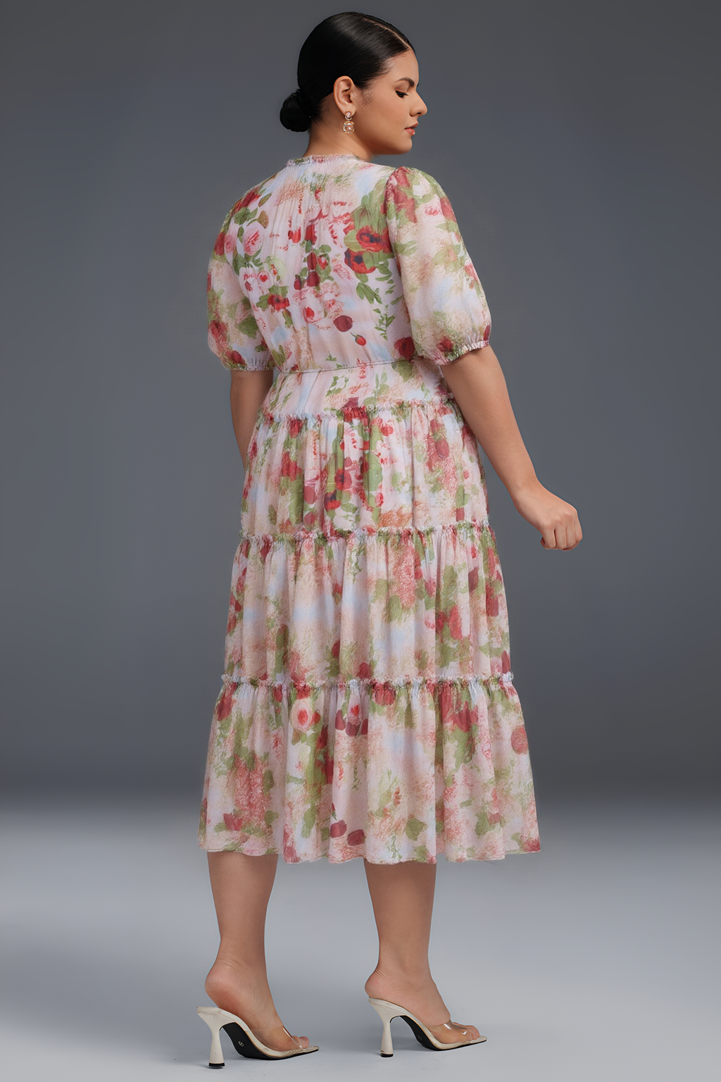 Curveins Plus Size Round Neck Floral Wrap Waist Tiered Maxi Dress