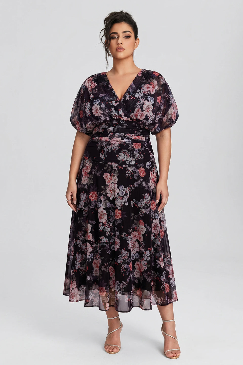 Curveins Plus Size V Neck Puff Sleeve Waist Defining Floral Print Elegant Maxi Dress