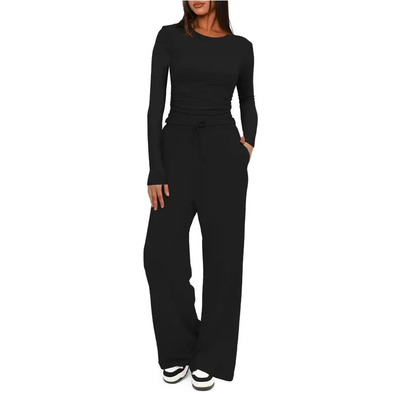 Women's Solid Ruched Drawstring Loungewear Set, Casual Long Sleeve Round Neck Top & Pocket Wide Leg Trousers, Ladies Sleepwear for All Seasons