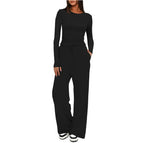 Women's Solid Ruched Drawstring Loungewear Set, Casual Long Sleeve Round Neck Top & Pocket Wide Leg Trousers, Ladies Sleepwear for All Seasons