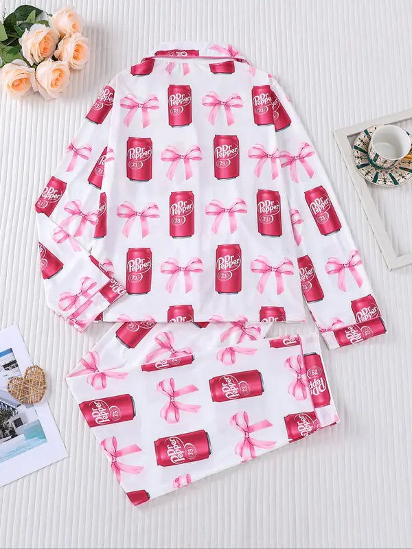 Women's Dr Pepper Pajama Set, Long Sleeve Soda Print Sleepwear, Cozy Soft Fabric Loungewear Gift for Fall and Winter