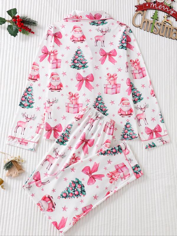 Two-piece Set Women's Christmas Print Button Front Pocket Shirt & Elastic Waist Pants Pyjama, Casual Comfy Long Sleeve Collared Top & Trousers Pyjama Set, Women's Sleepwear for Spring & Fall